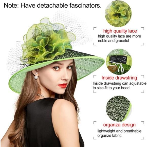 Derby Hats for Women, Classy Organza Sun Hat, Black Green main image 4
